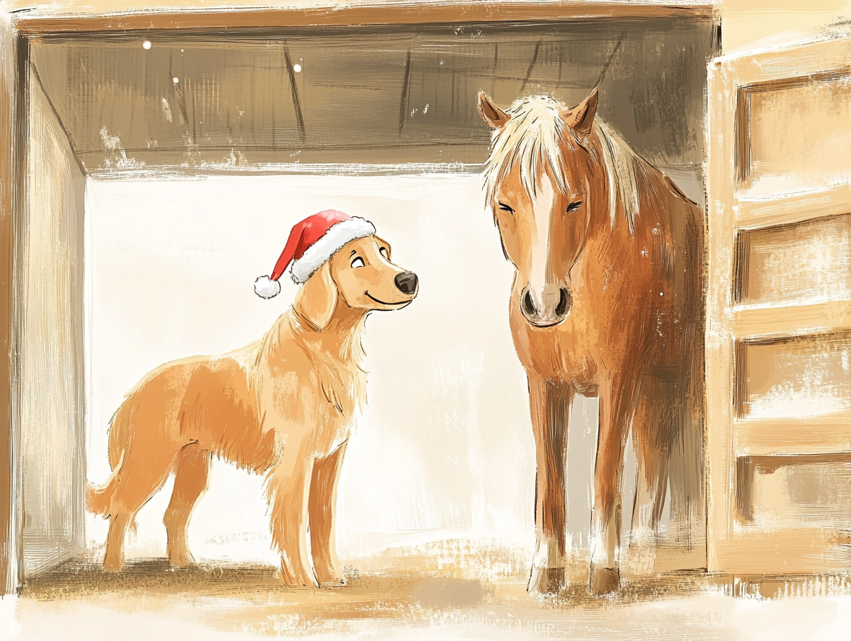 Golden Retriever and regal horse in festive Christmas scene.