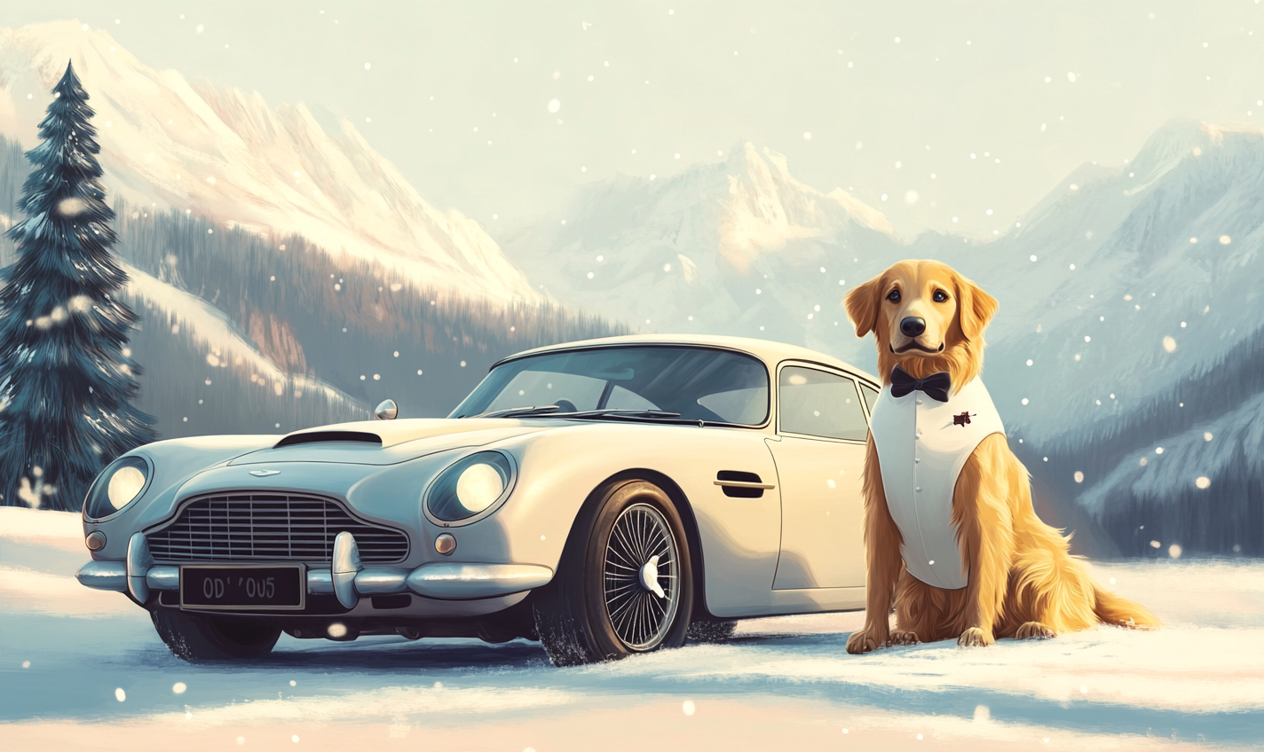 Golden Retriever as James Bond 007 with Aston Martin.