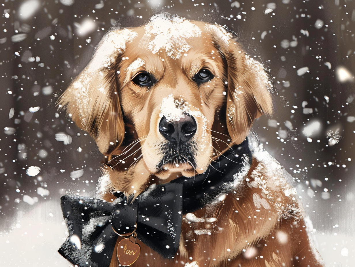 Golden Retriever as James Bond in snow scene.