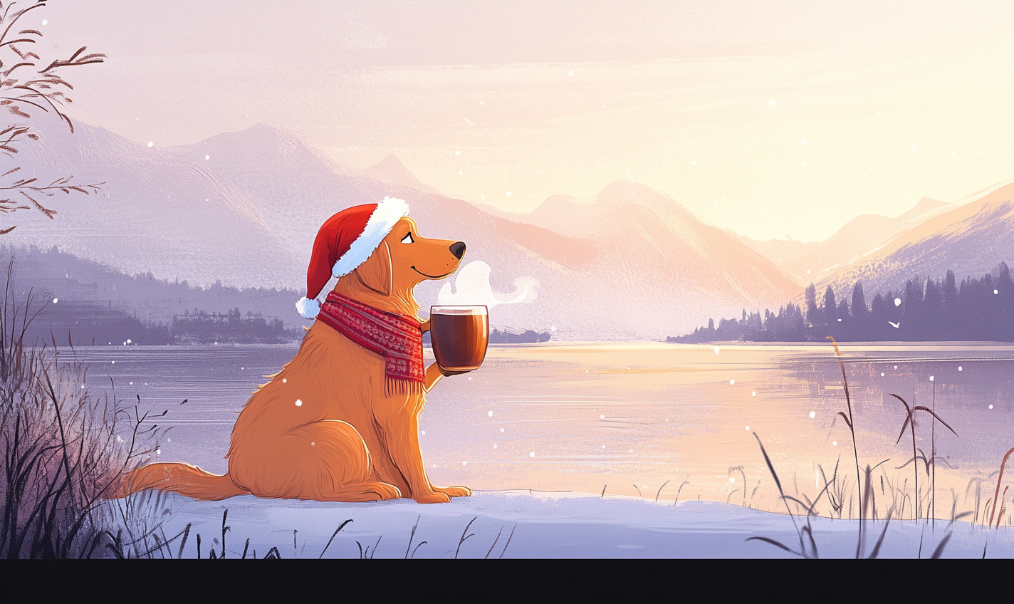 Golden Retriever by lake with hot cocoa in Santa hat.