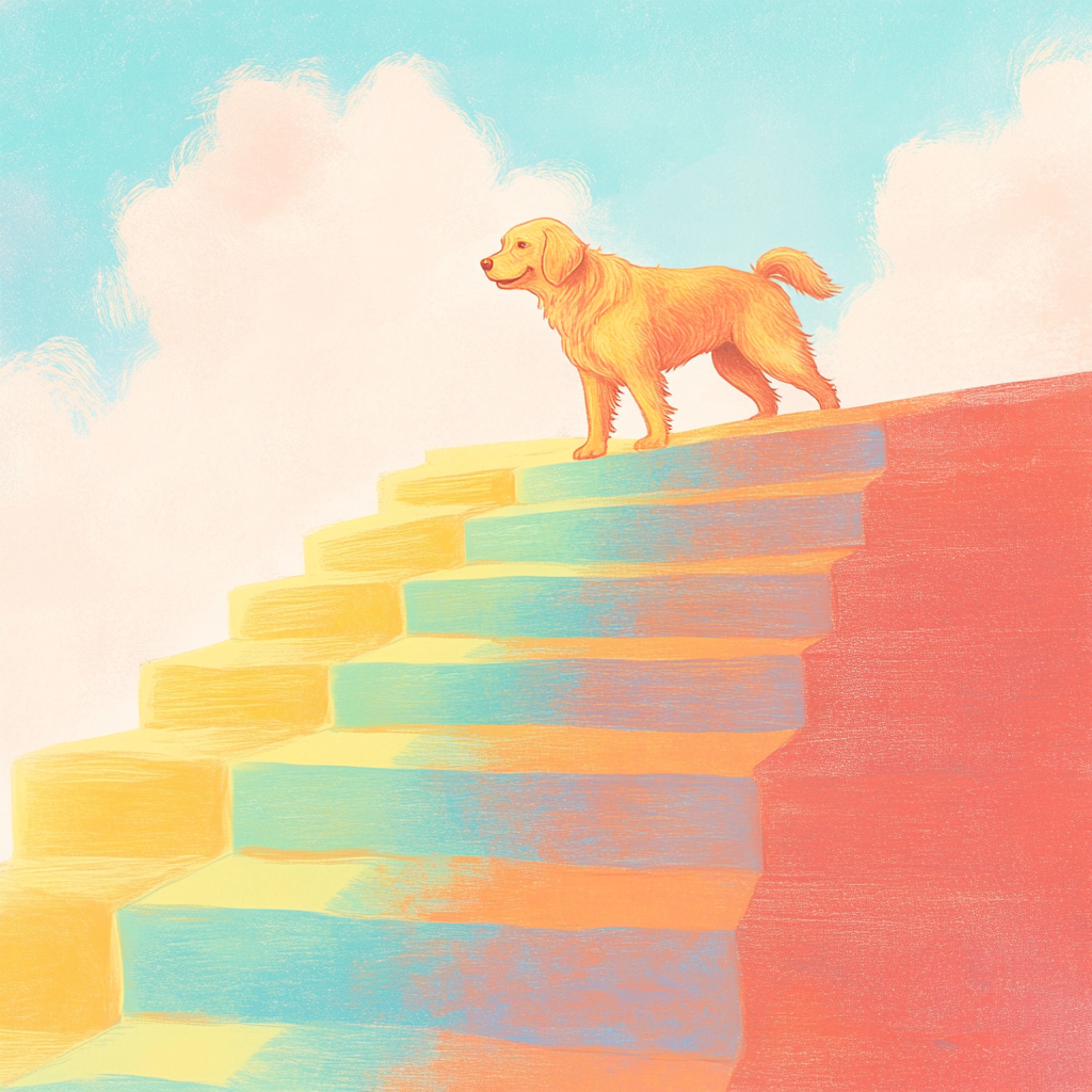 Golden Retriever climbing rainbow stairs in children's book style.