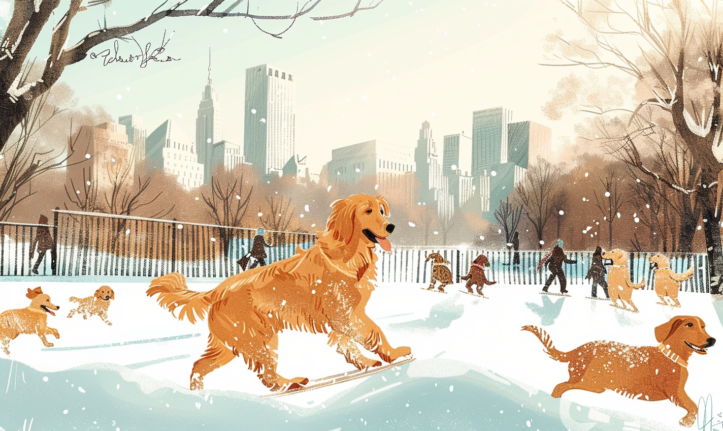 Golden Retriever dogs ice skating in Central Park.