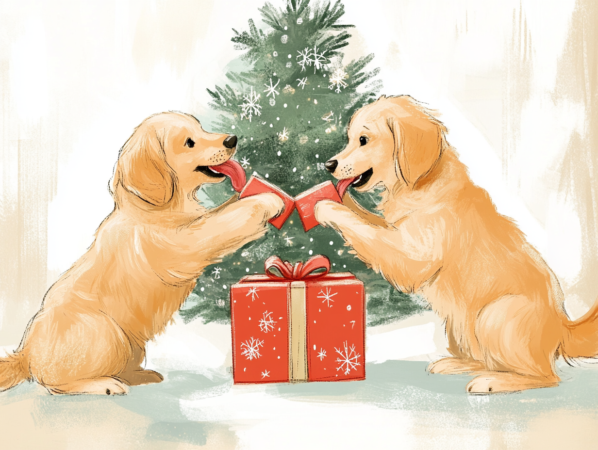 Golden Retriever dogs playing with Christmas present box.