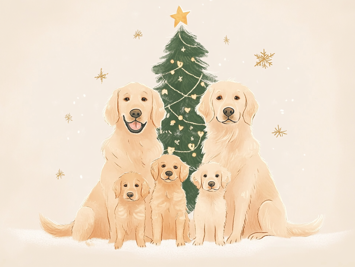 Golden Retriever family with pups beside Christmas tree.