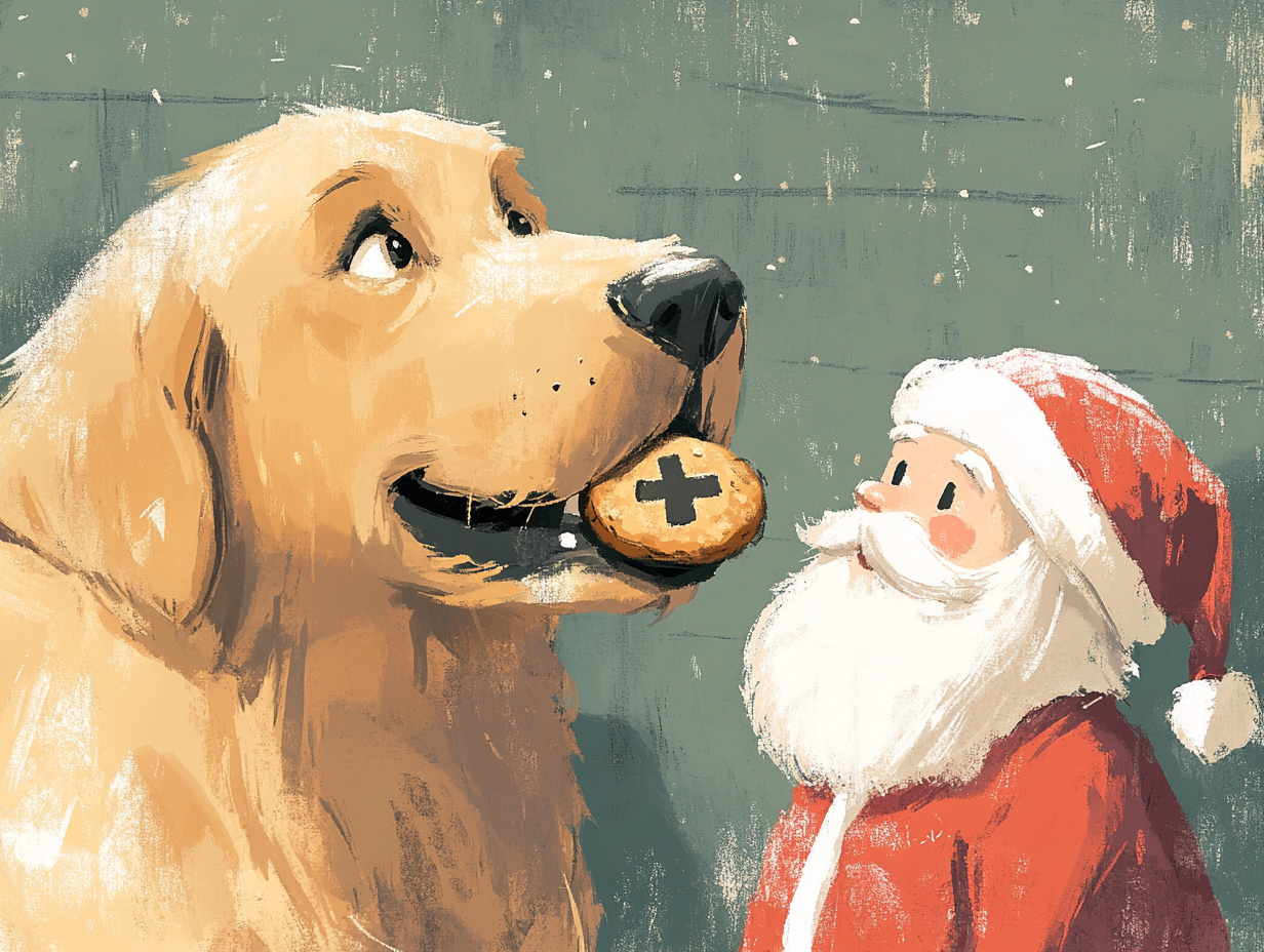 Golden Retriever holding cookie, Santa watching, holiday scene.