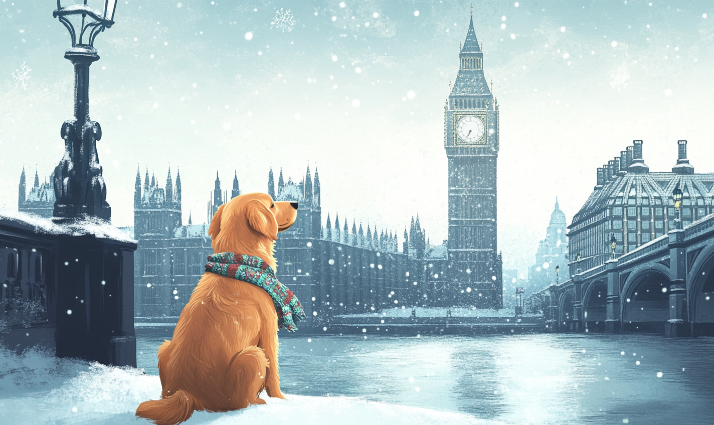 Golden Retriever in London with Big Ben, winter scene.