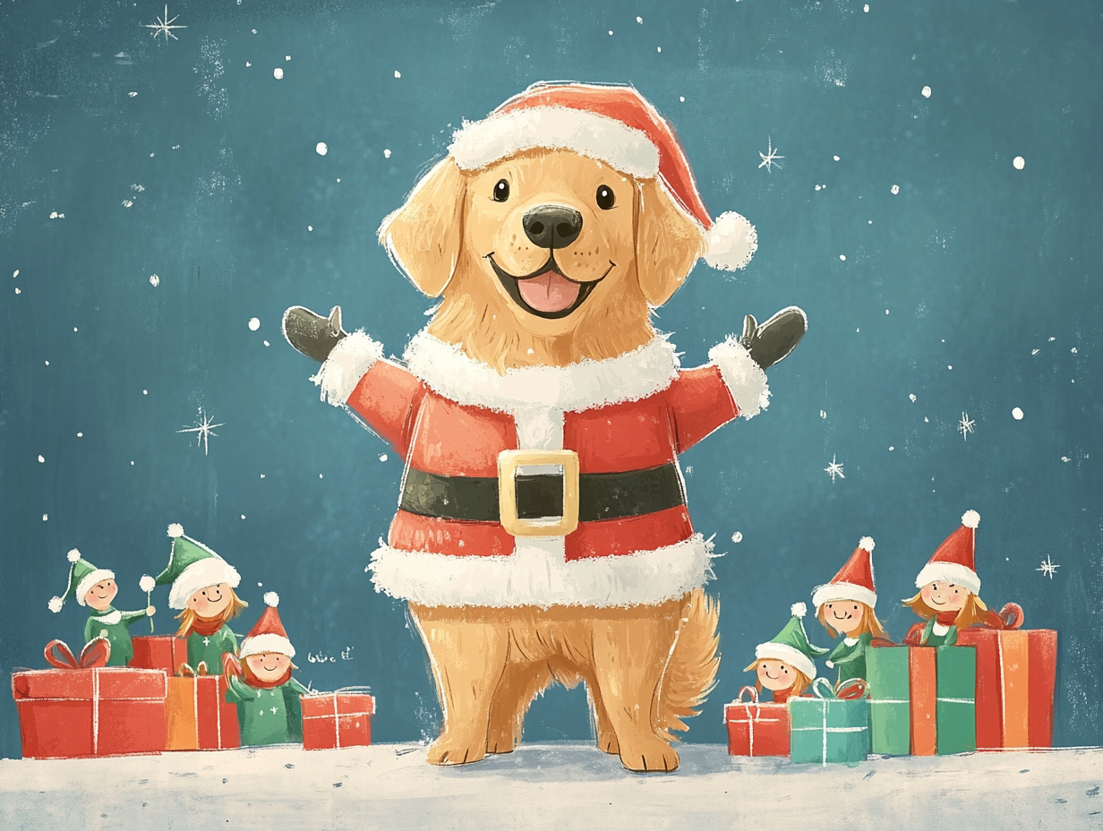 Golden Retriever in Santa Claus costume with elves.