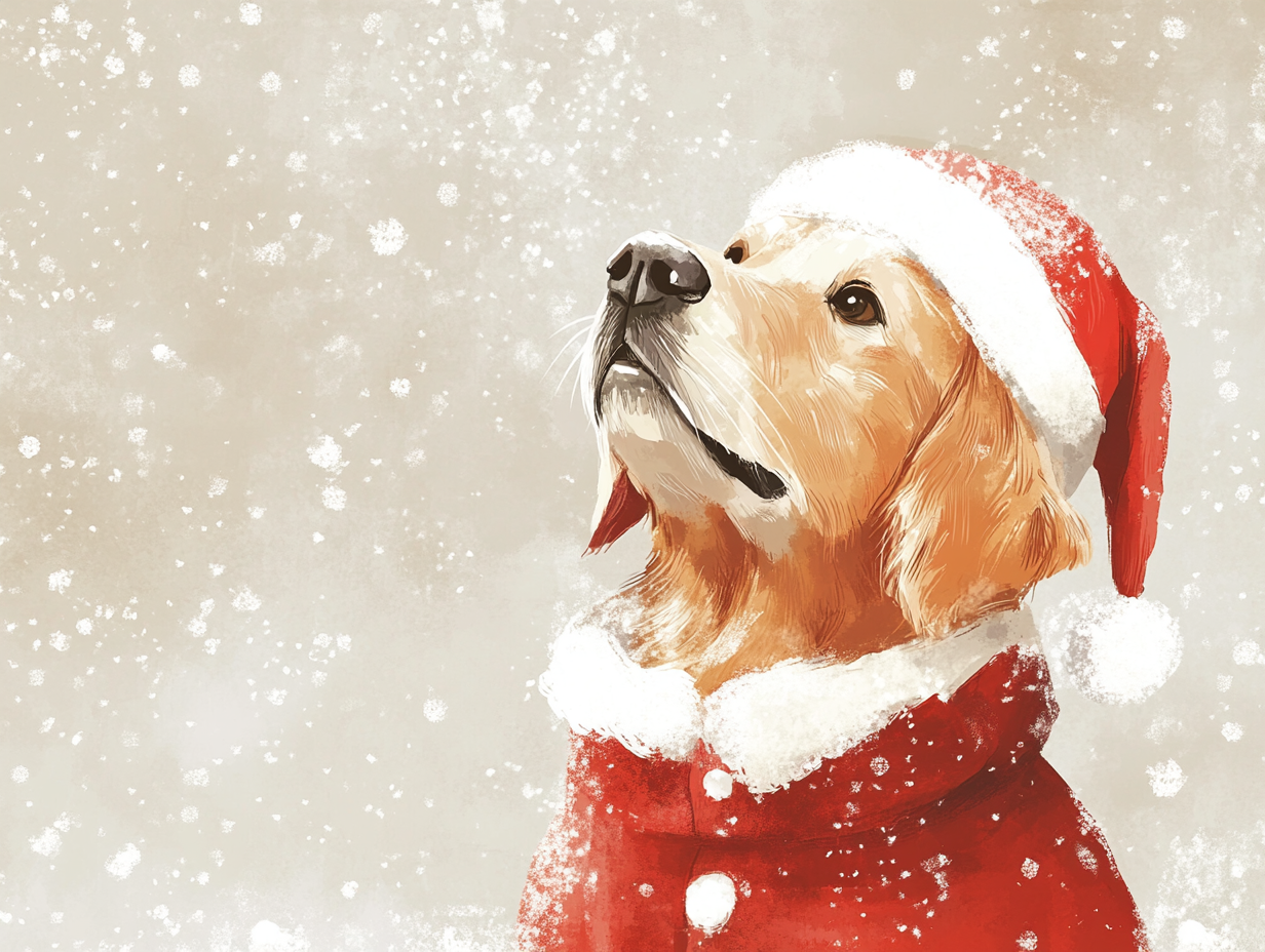 Golden Retriever in Santa clothes, like a storybook.