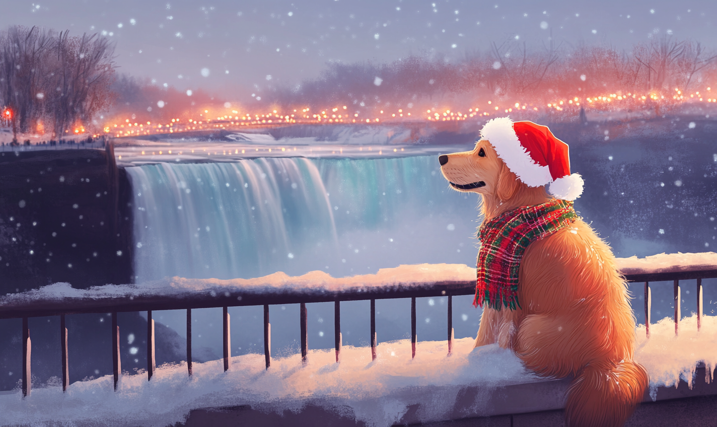 Golden Retriever in Santa hat and scarf at falls.