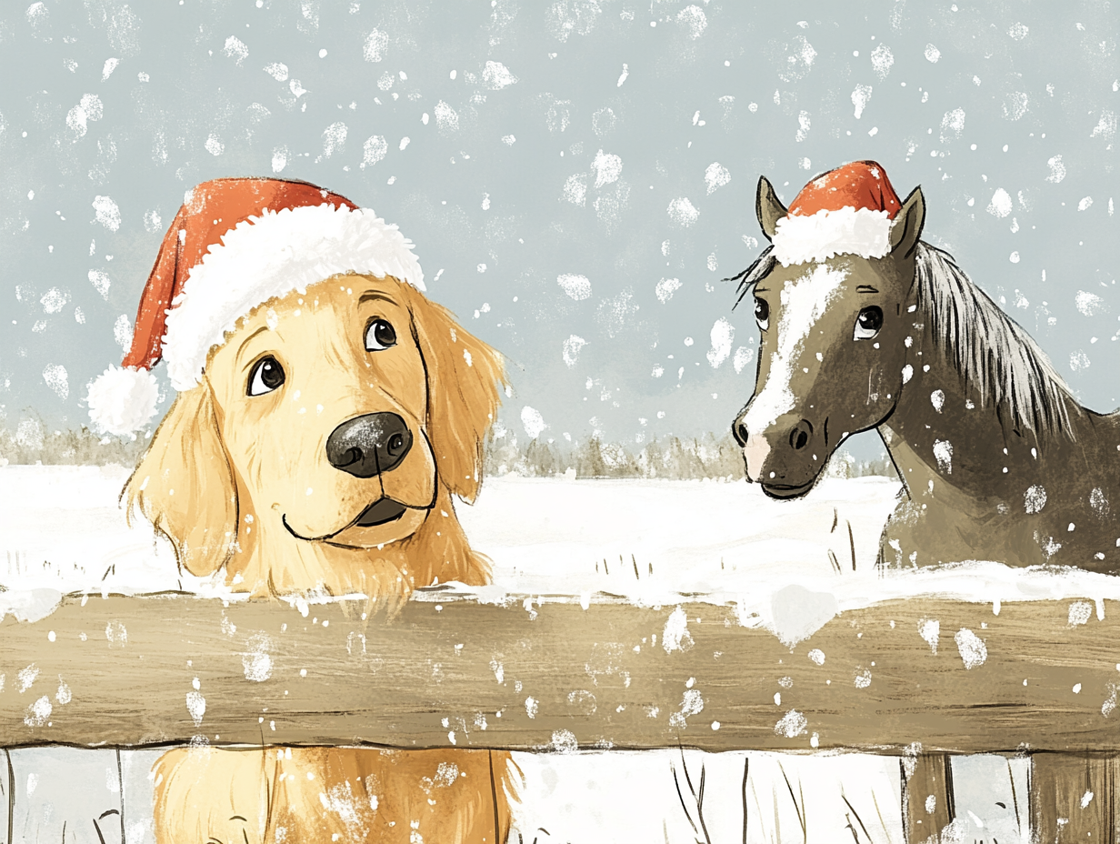 Golden Retriever in Santa hat looks at horse.