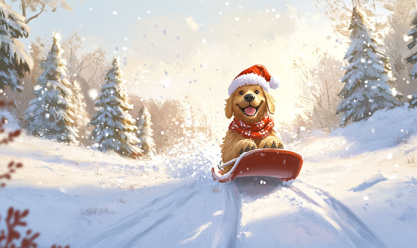 Golden Retriever in Santa hat on sled in snow.