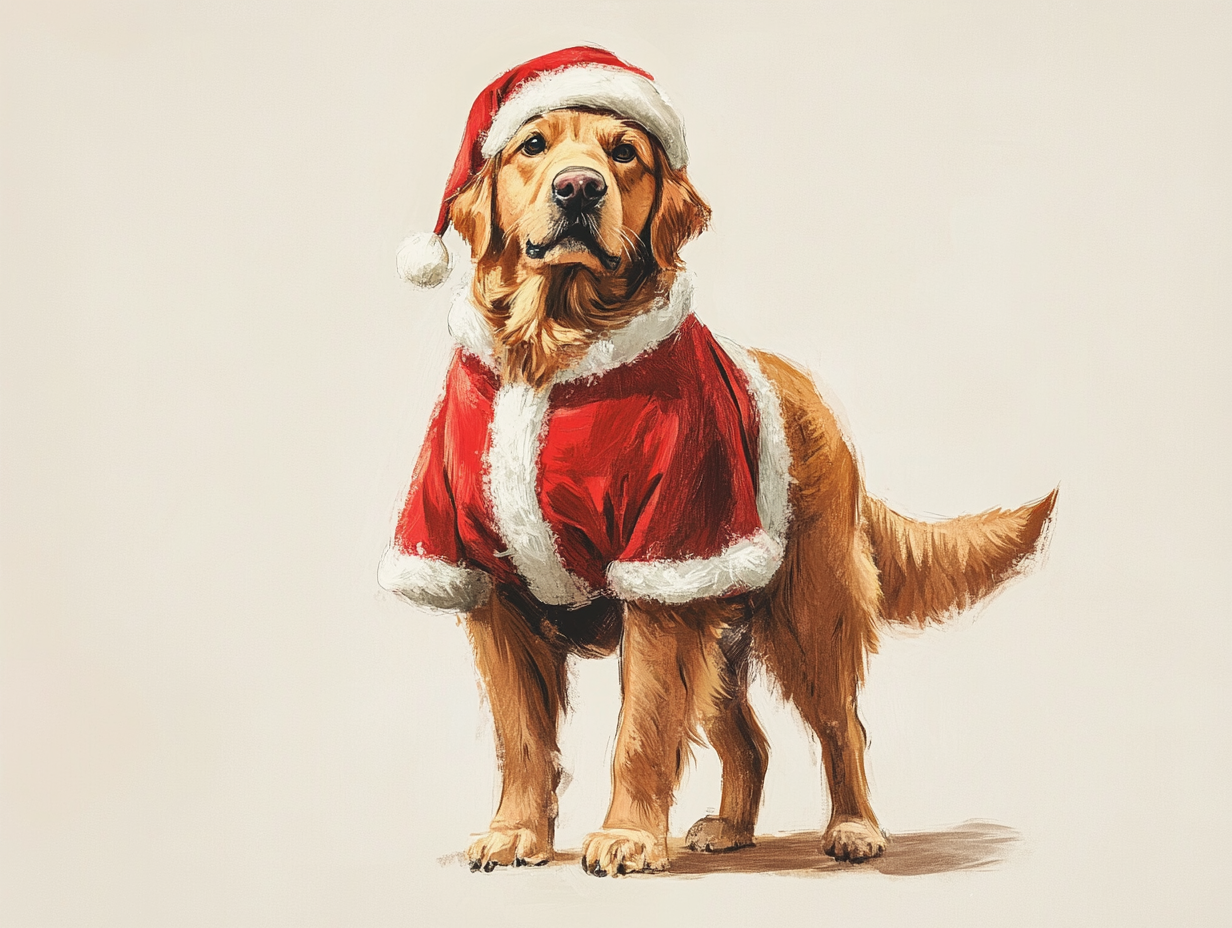 Golden Retriever in Santa outfit, kid's book drawing.