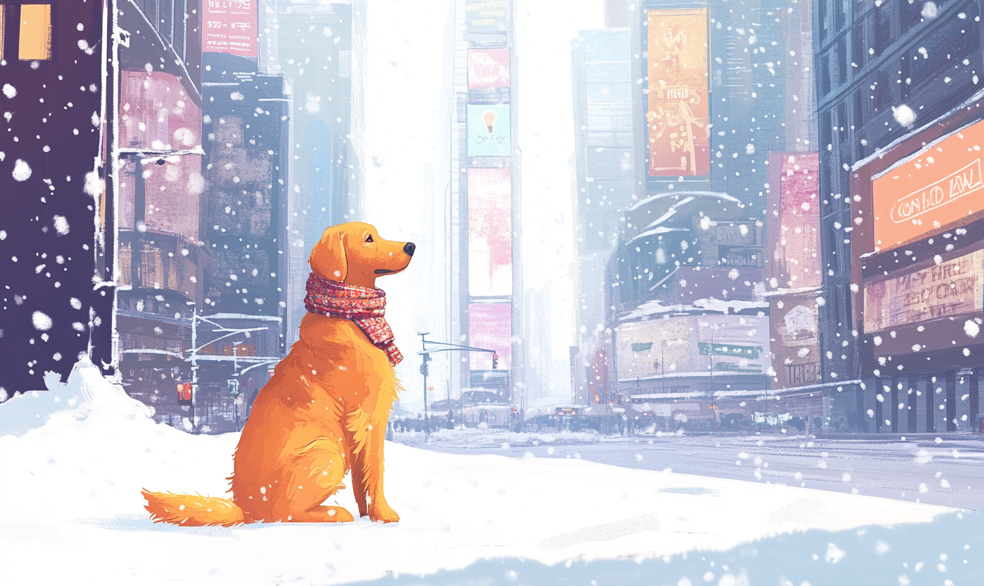 Golden Retriever in Times Square wearing scarf, snowy day.