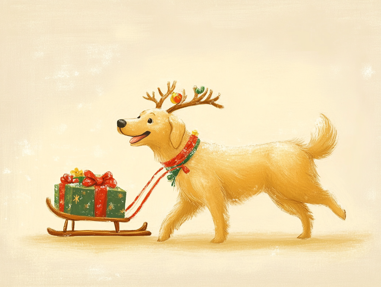 Golden Retriever in reindeer costume pulling sled with gifts.