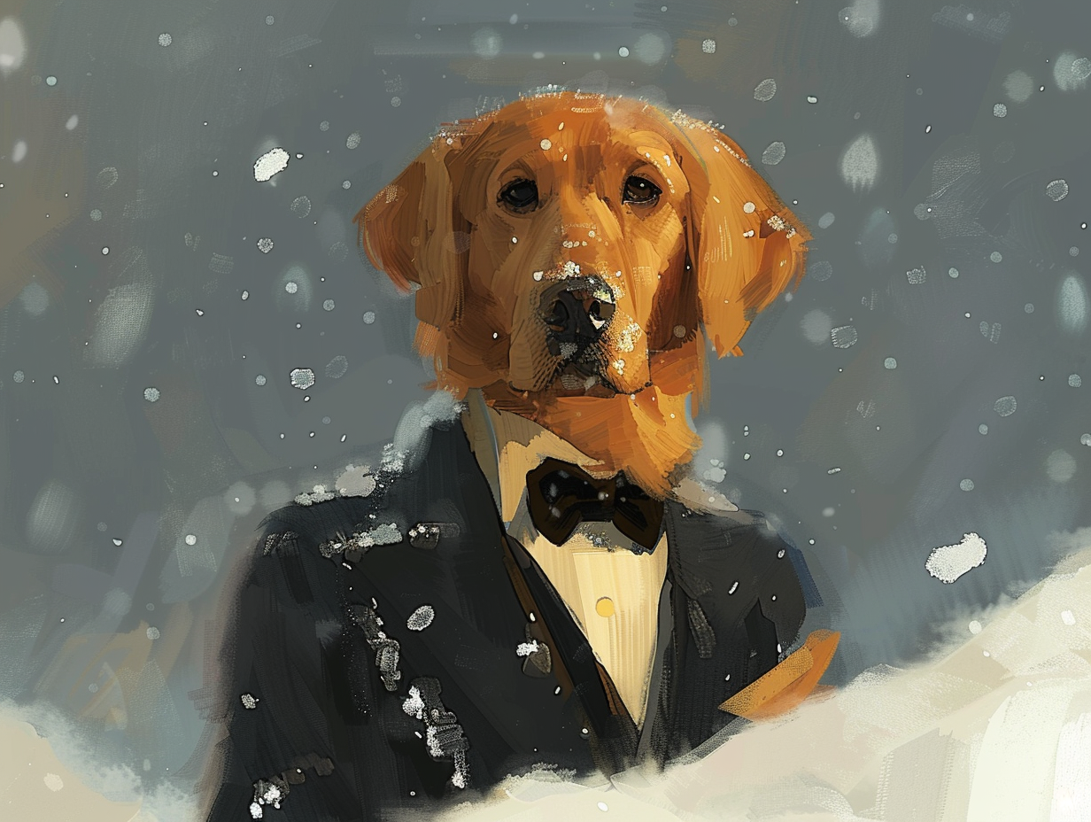 Golden Retriever in tuxedo, James Bond style, festive.