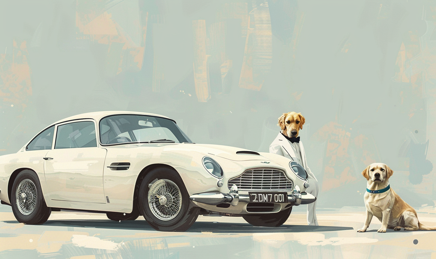 Golden Retriever in tuxedo by car, Christmas children's book.