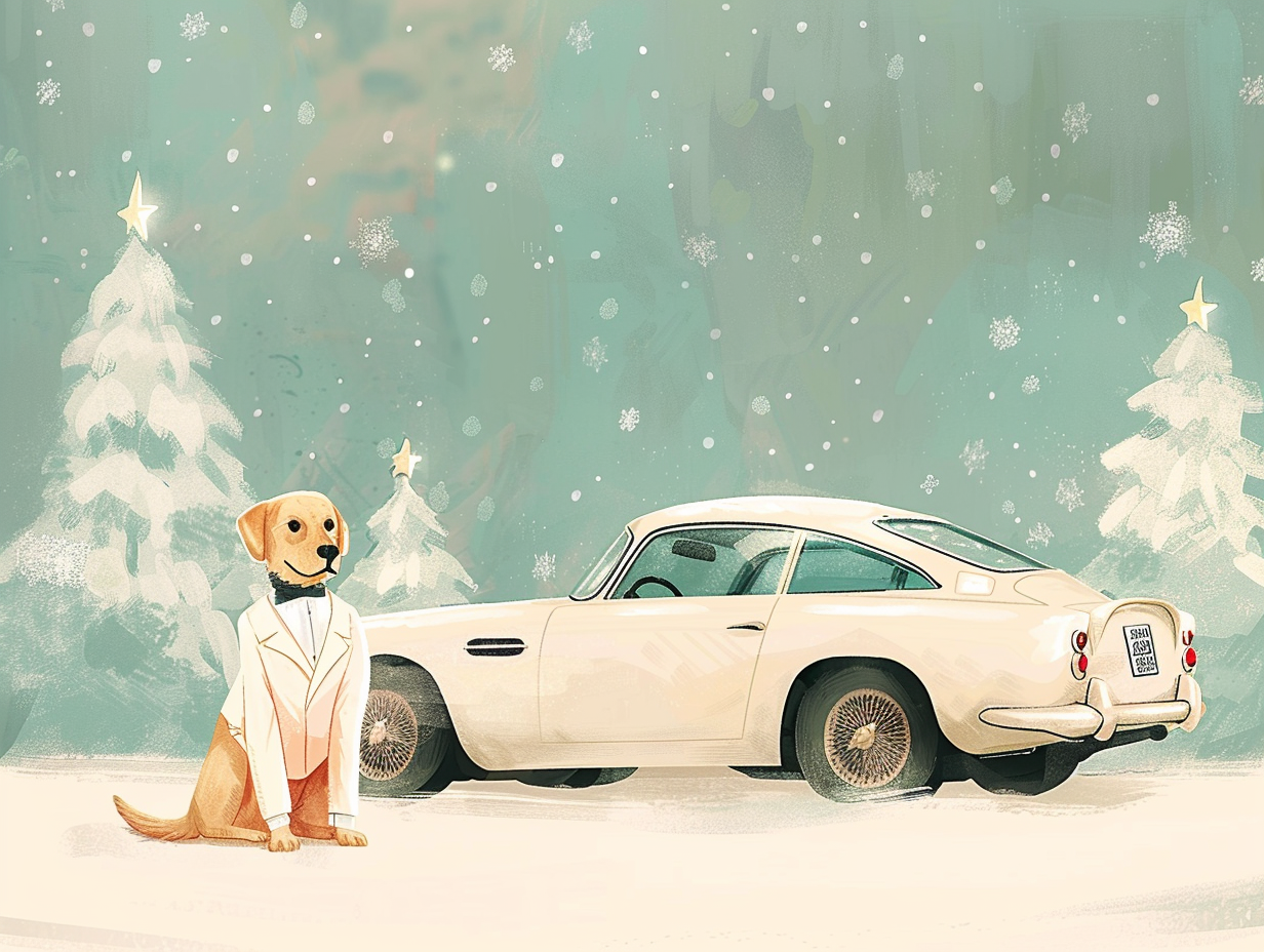 Golden Retriever in white tux with Aston Martin.