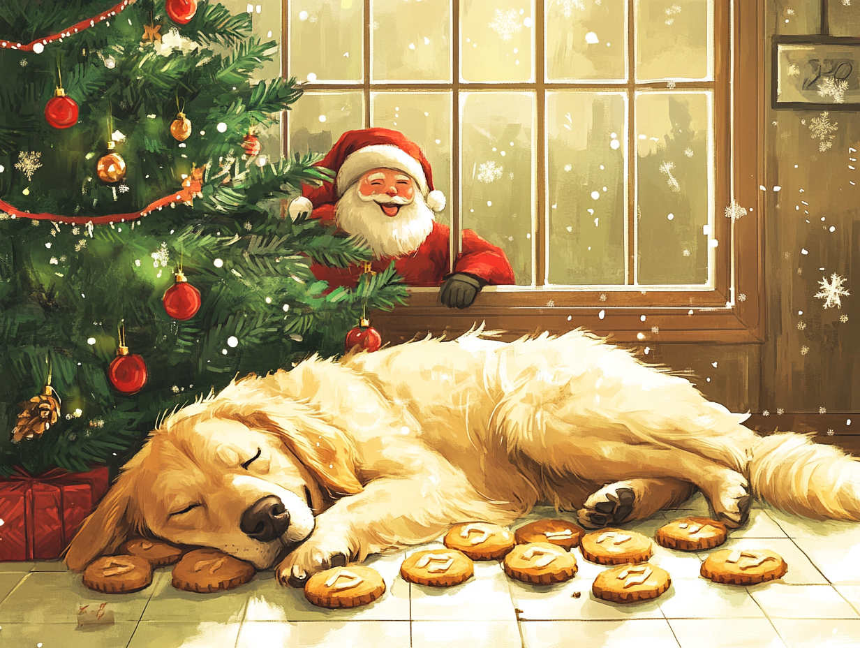 Golden Retriever napping by tree, cookies all around.