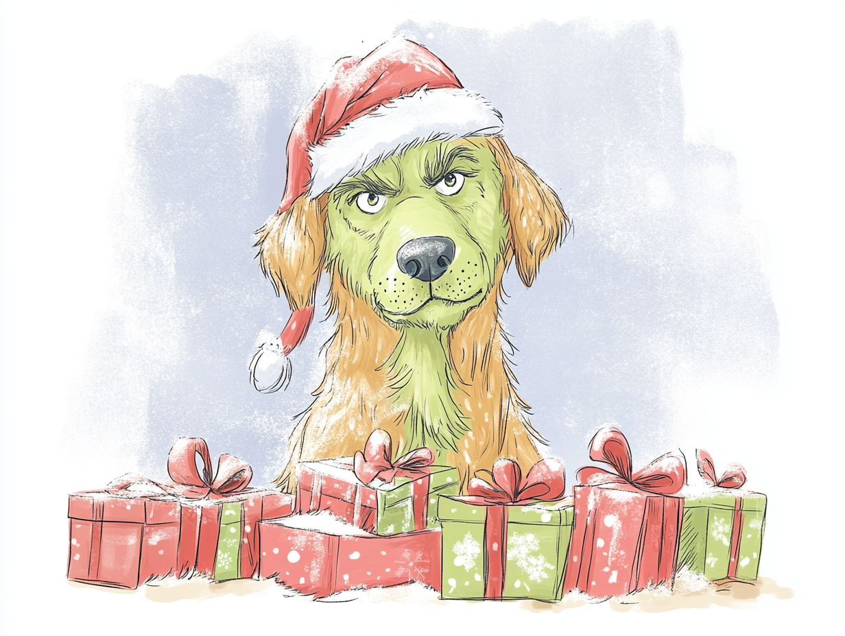 Golden Retriever pretending to be the Grinch.