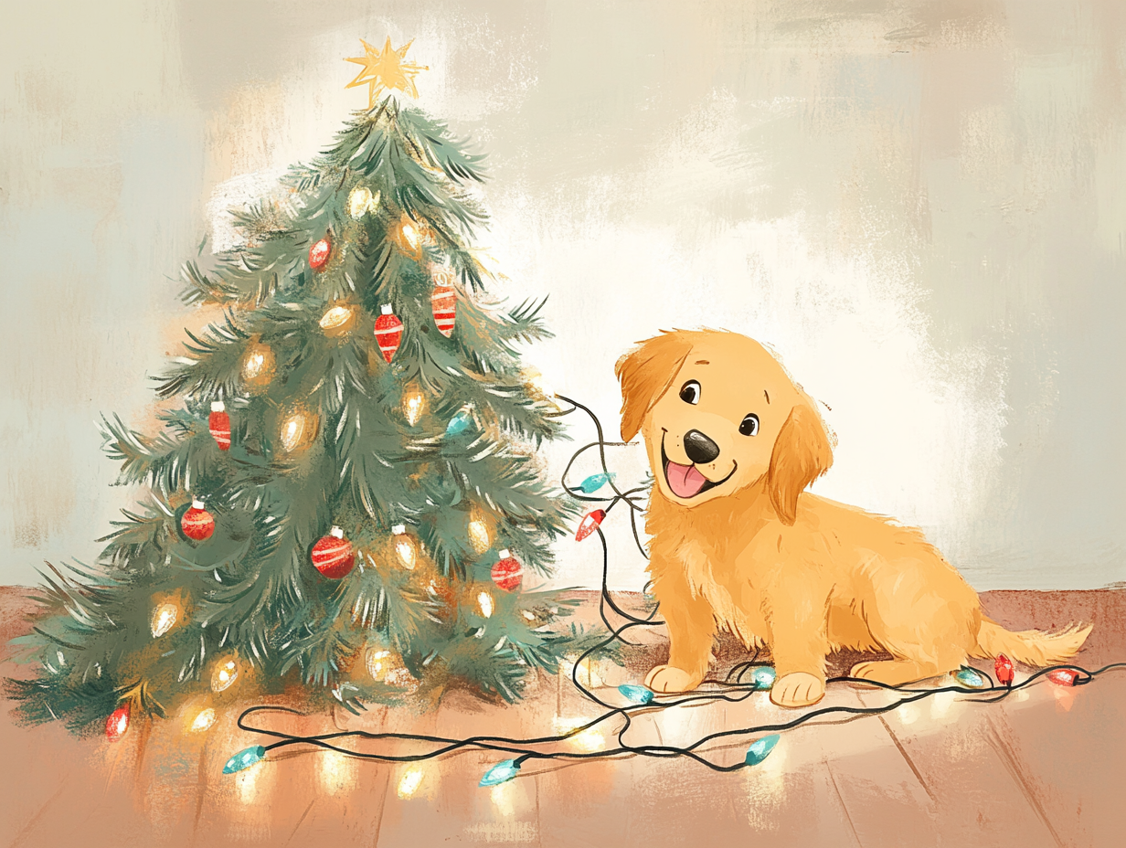 Golden Retriever puppy and fallen Christmas tree illustration.