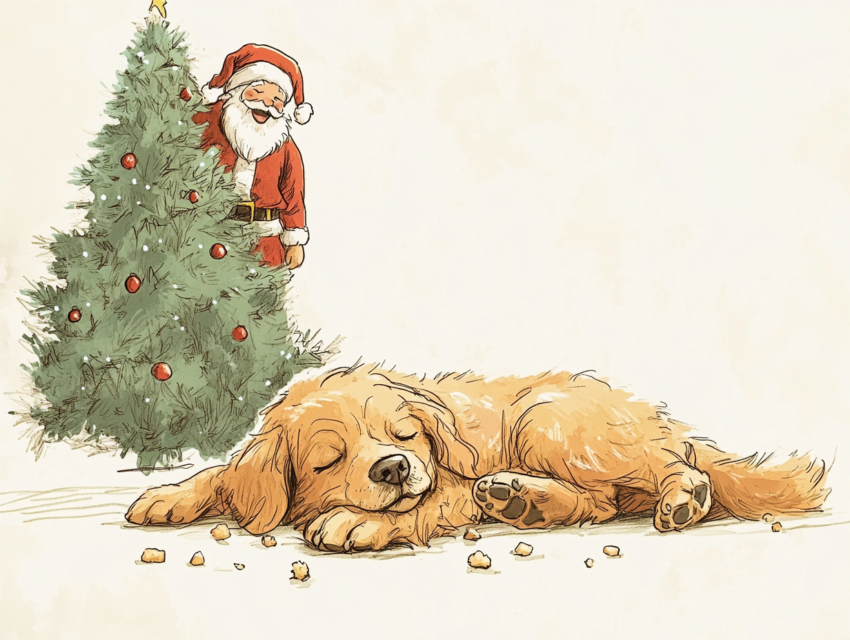 Golden Retriever sleeping with Santa over crumb-covered tree.