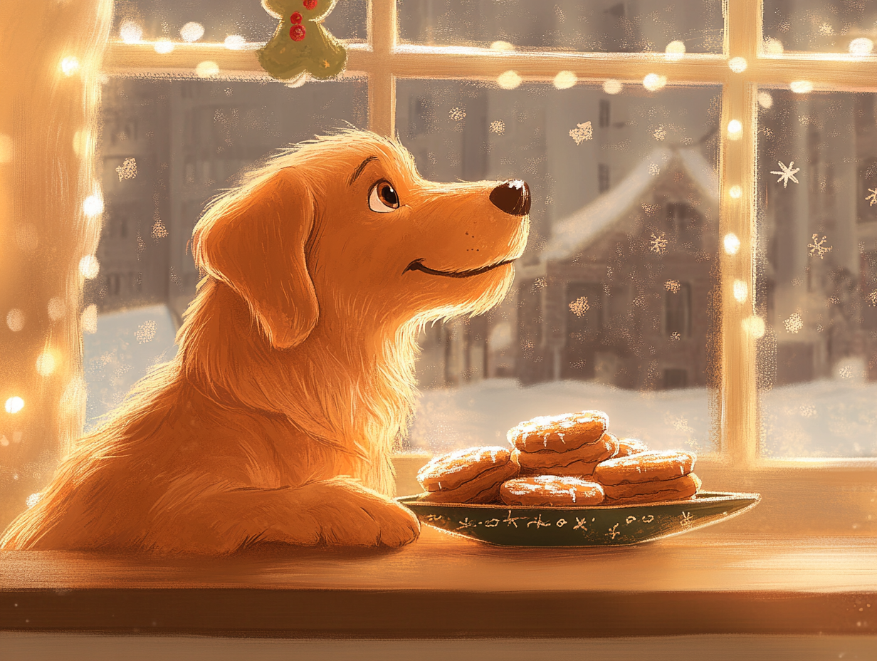 Golden Retriever stealing Santa's cookies in children's book style.