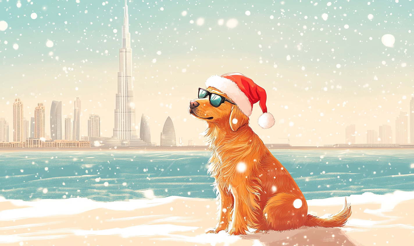 Golden Retriever wearing Santa hat and sunglasses on beach.