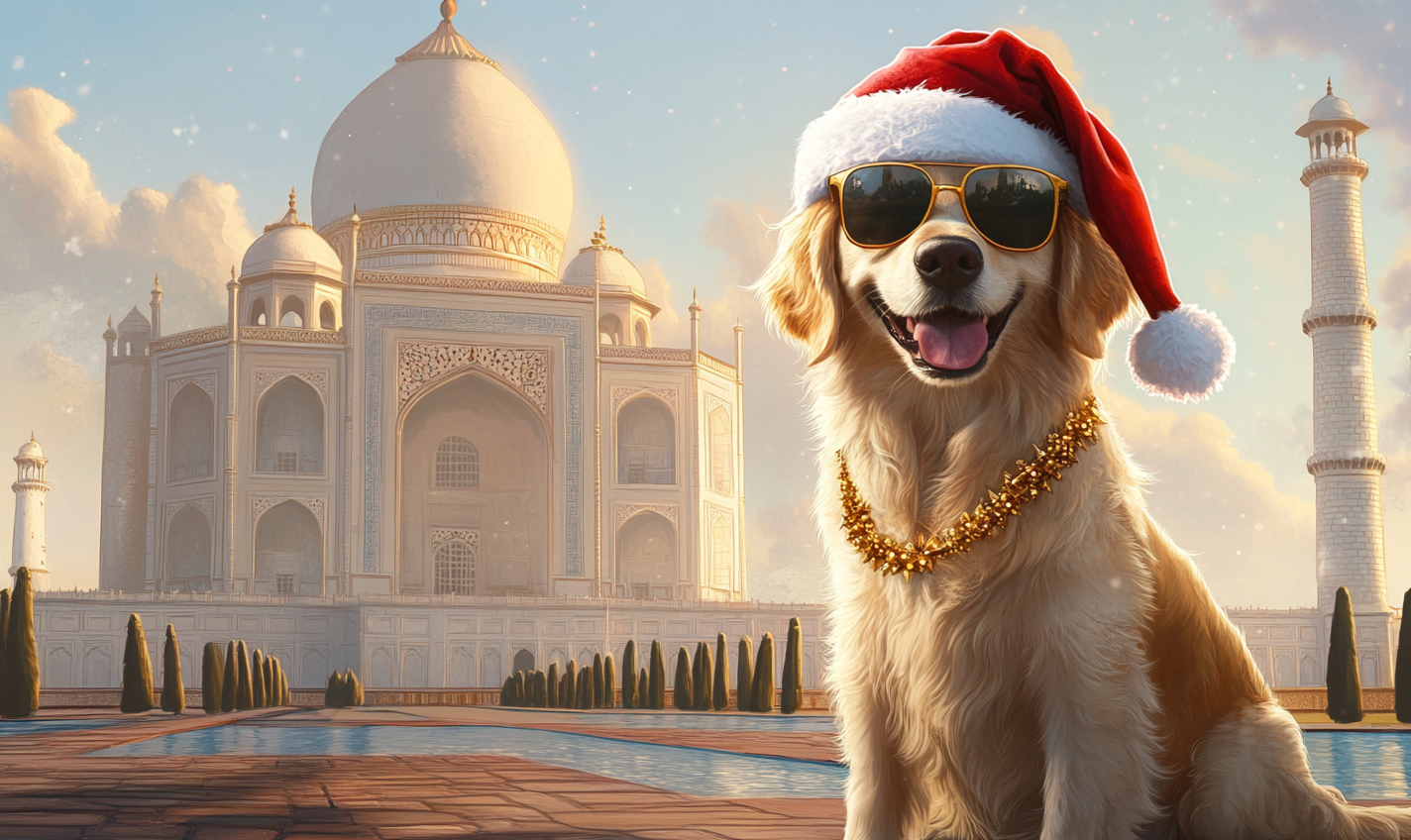 Golden Retriever wearing Santa hat at Taj Mahal.