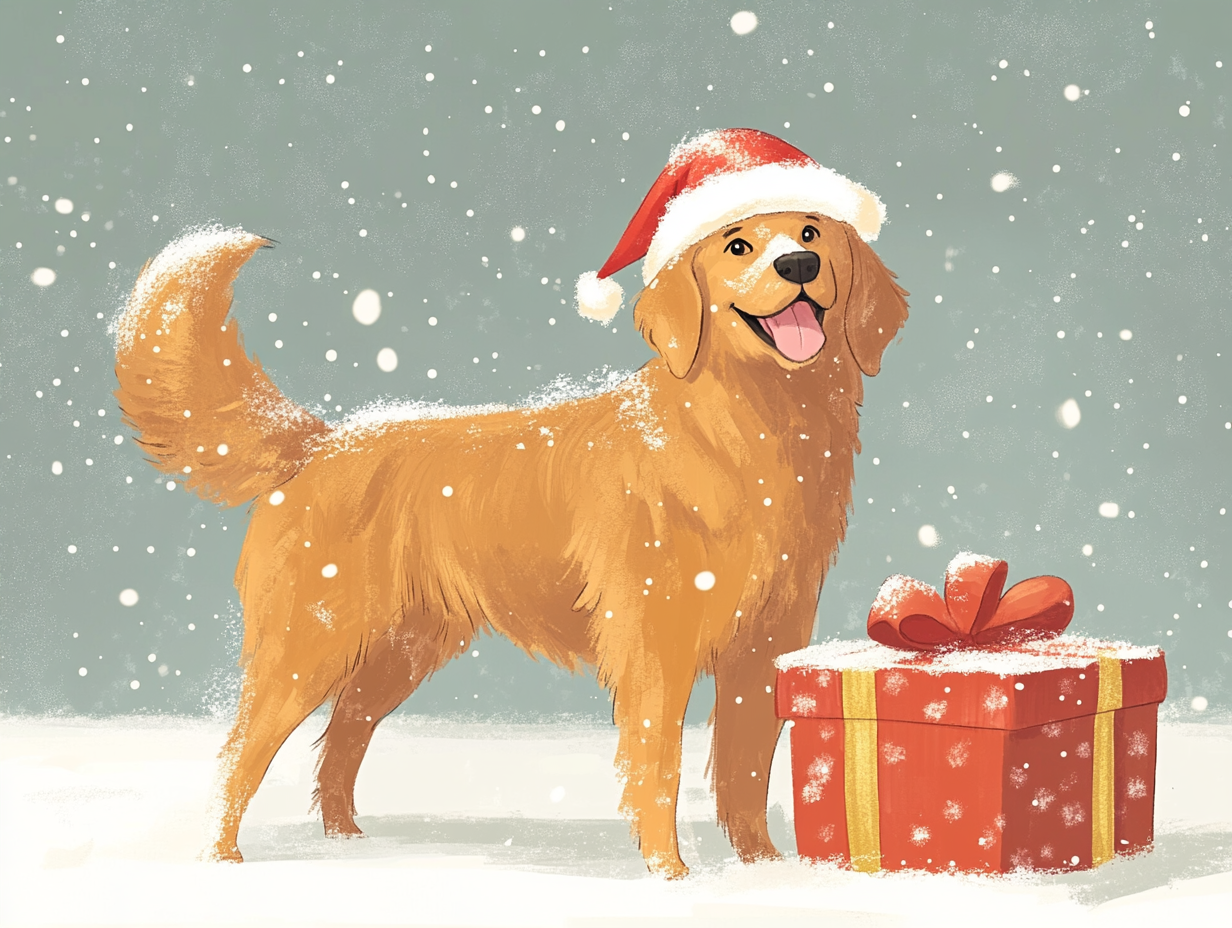 Golden Retriever with Santa hat and Christmas gift.