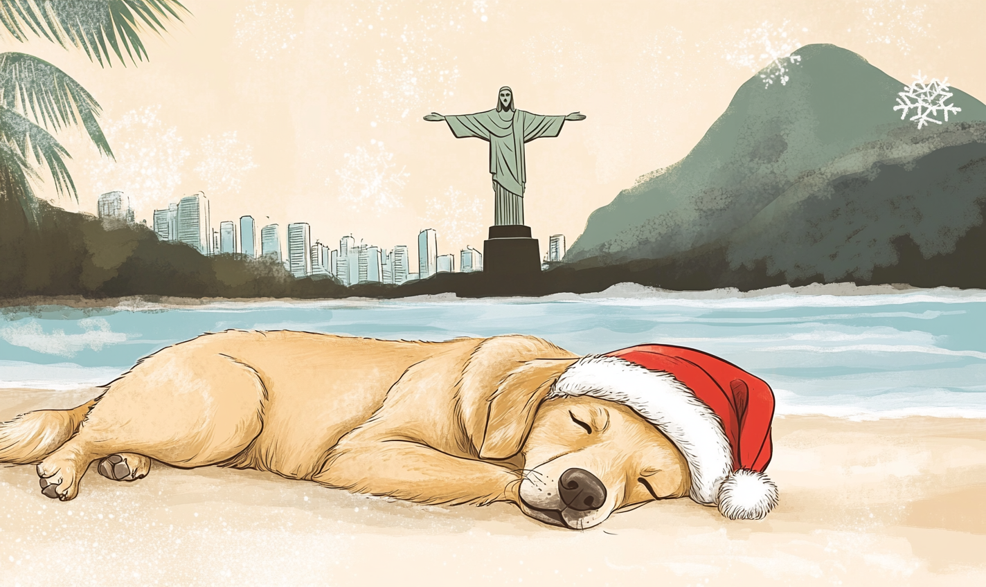 Golden Retriever with Santa hat on beach, Rio's statue.