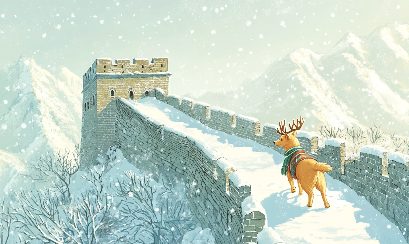 Golden Retriever with antlers and scarf on snow covered Great Wall of China.