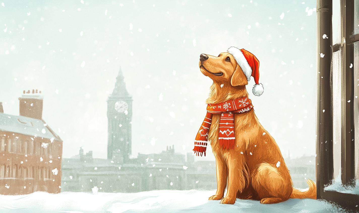 Golden Retriever with hat and scarf at Guinness Factory.