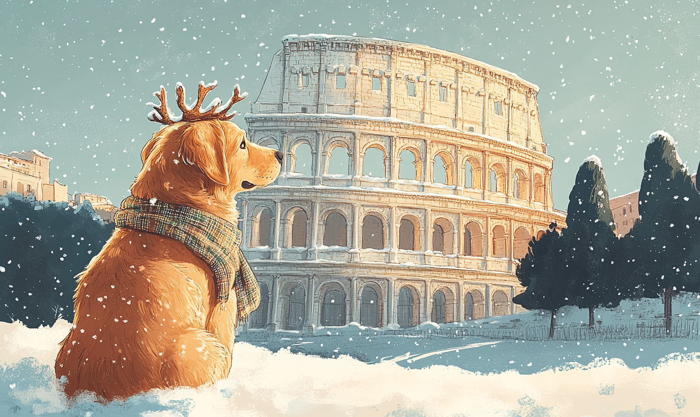 Golden Retriever with scarf and antlers in snowy Rome.