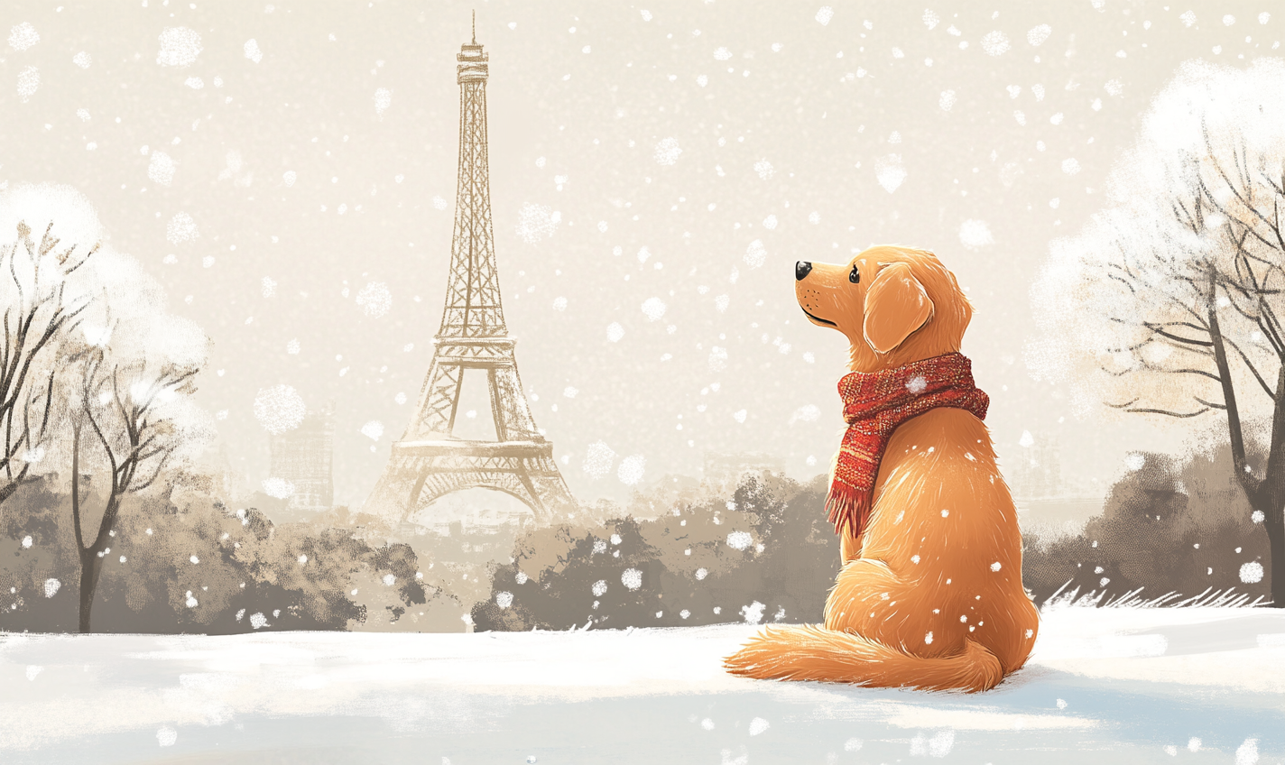 Golden Retriever with scarf in snowy Paris.