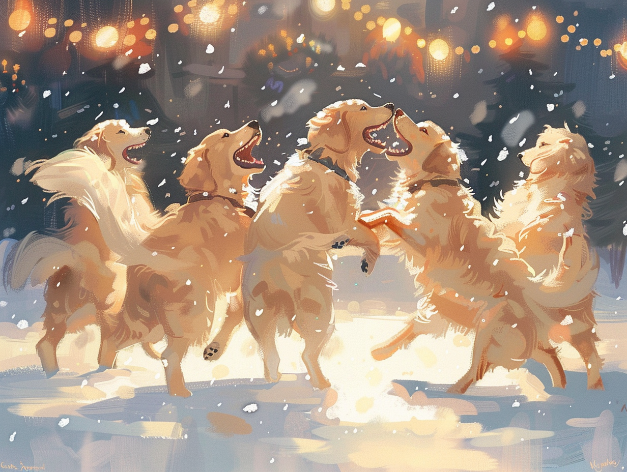 Golden Retrievers celebrating at Christmas party with soft light.