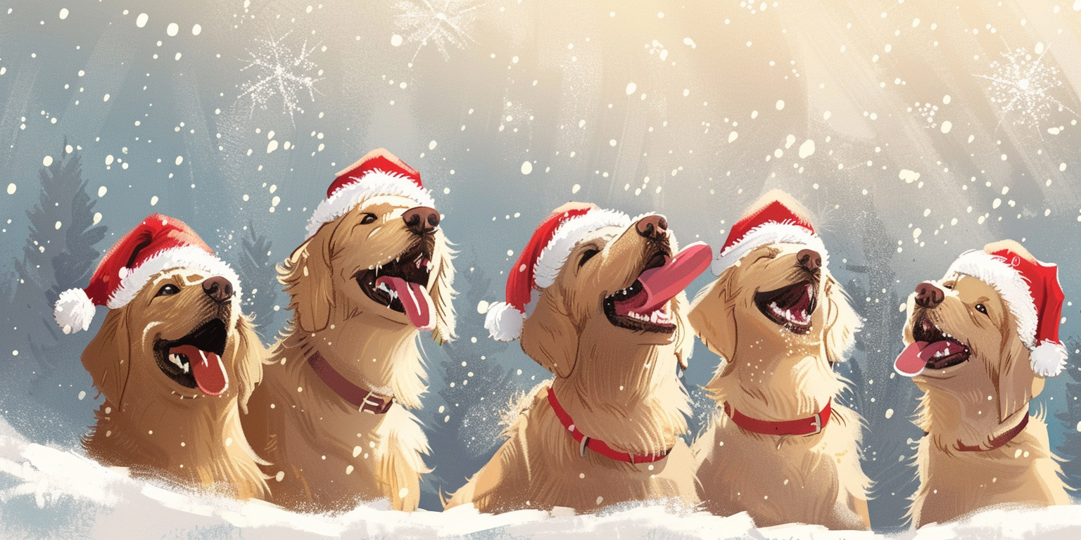 Golden Retrievers in Santa hats having Christmas party.