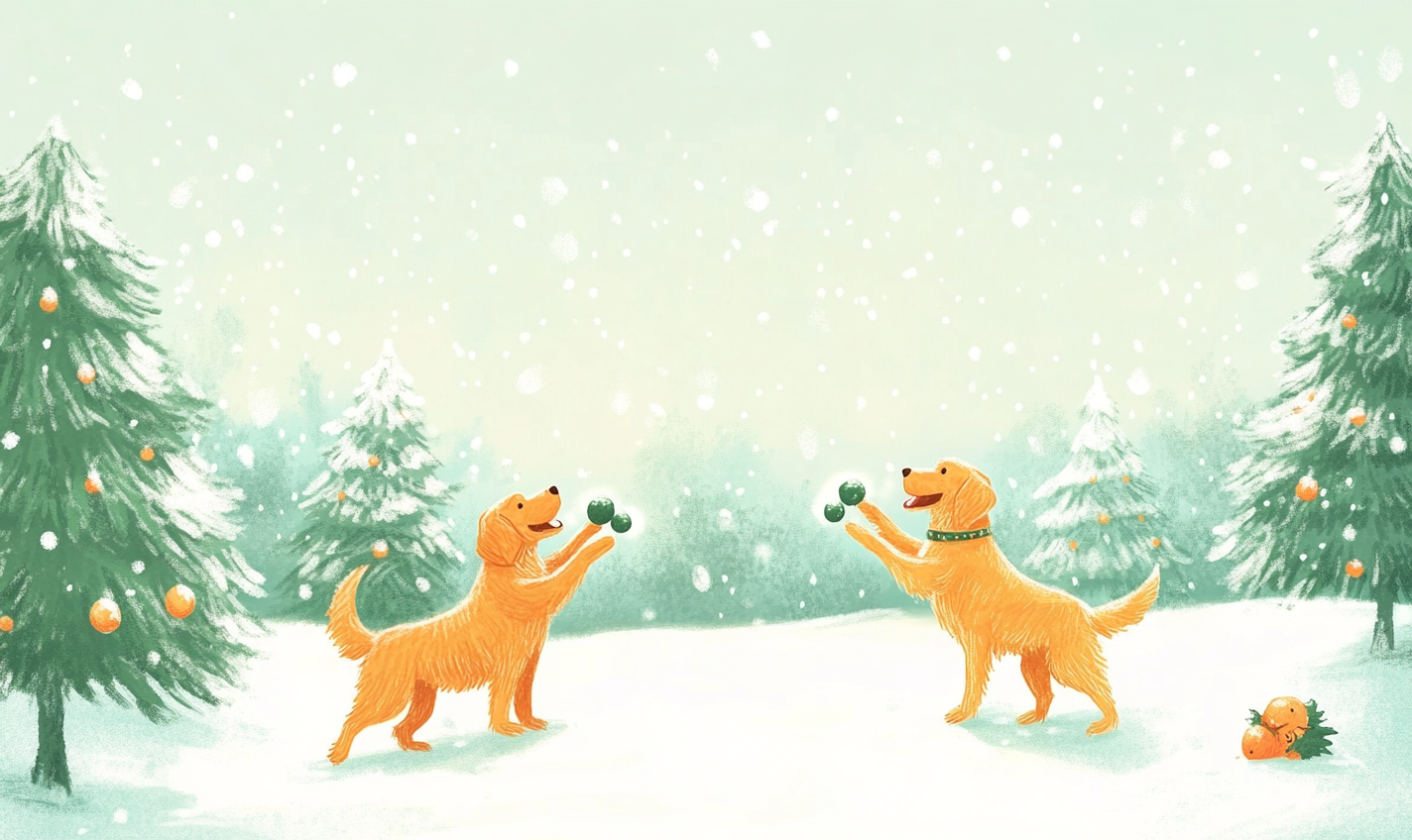 Golden Retrievers playing in snow with Christmas trees around.