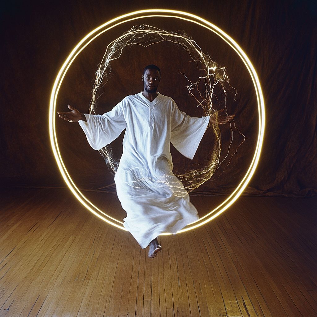 Golden Rings Encircle Floating African Man Stock Photo