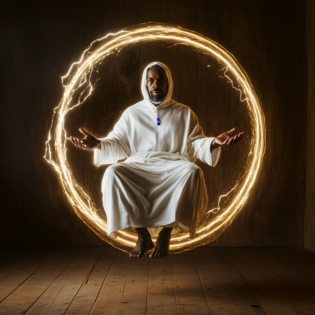 Golden Rings Surrounding Middle Aged African Man in Thobe