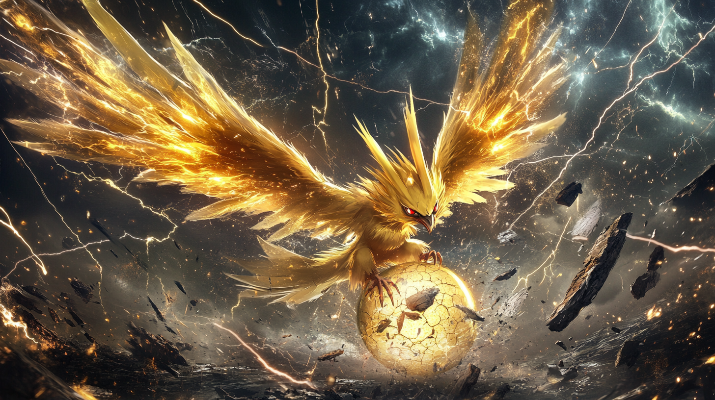 Golden Zapdos hatching from stormy egg, surrounded by lightning.