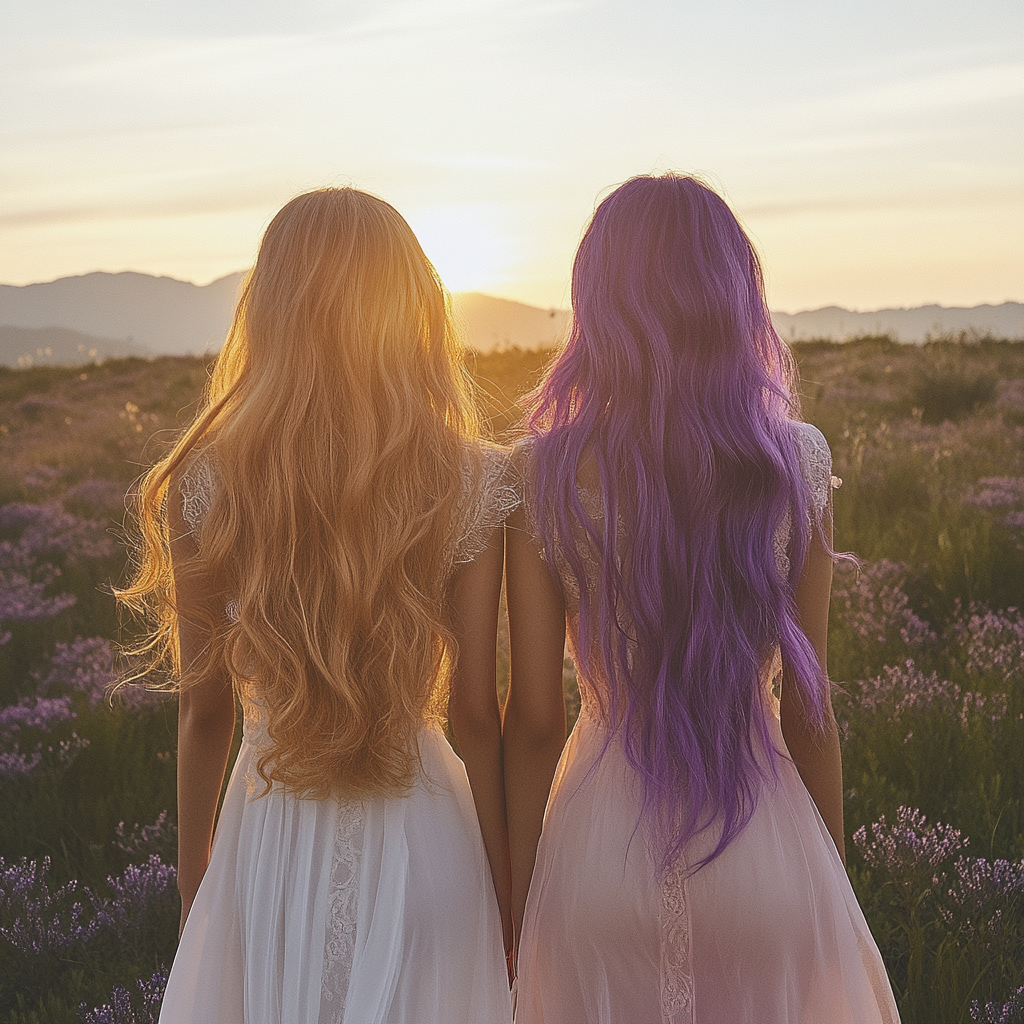 Golden and Purple Haired Women Walking Towards Sunset