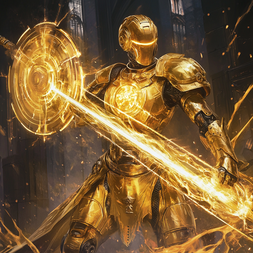 Golden armor robot warrior with plasma sword