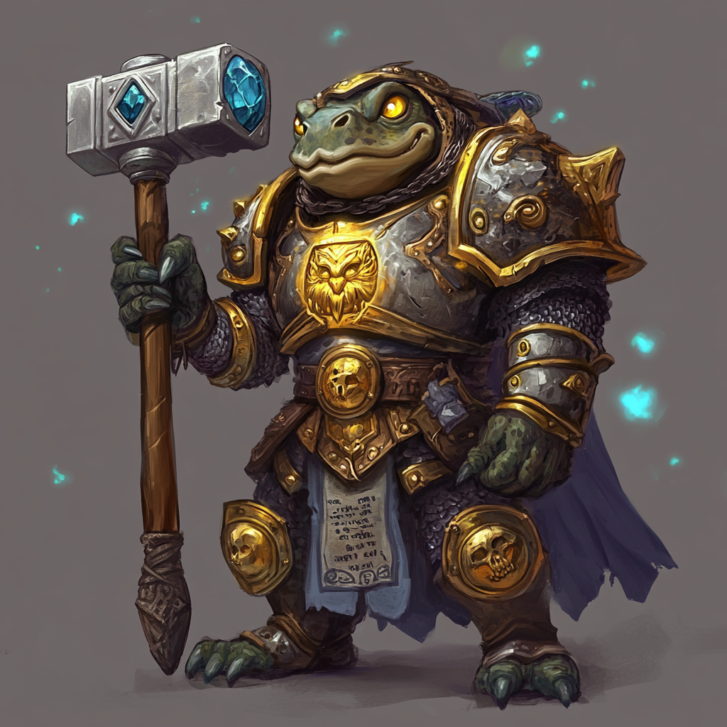 Golden-armored murloc paladin wields diamond hammer and holy grimoire.