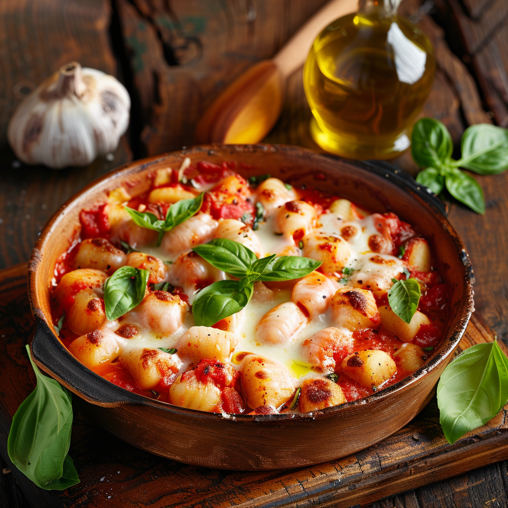 Golden baked gnocchi alla sorrentina with melted mozzarella.