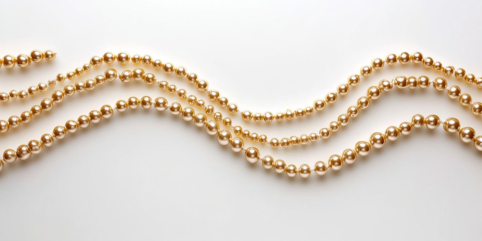 Golden beaded garland on white background with wavy pattern.