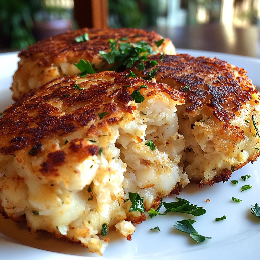 Golden-brown Baltimore Crab Cakes with juicy crab meat.