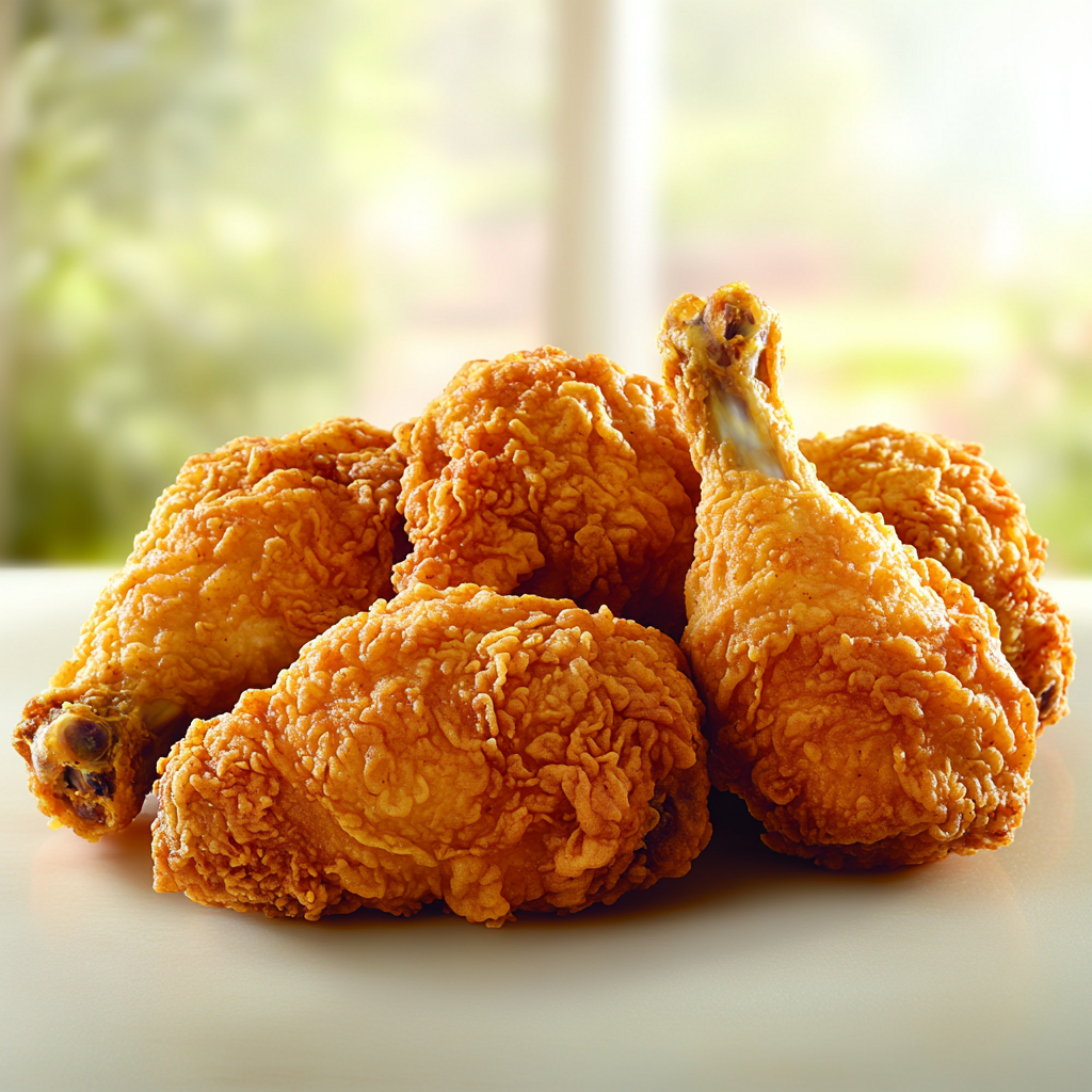 Golden-brown fried chicken on white plate