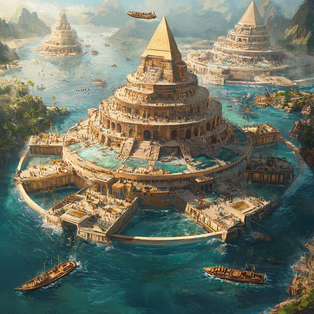 Golden city of Atlantis with marble homes and pyramid.