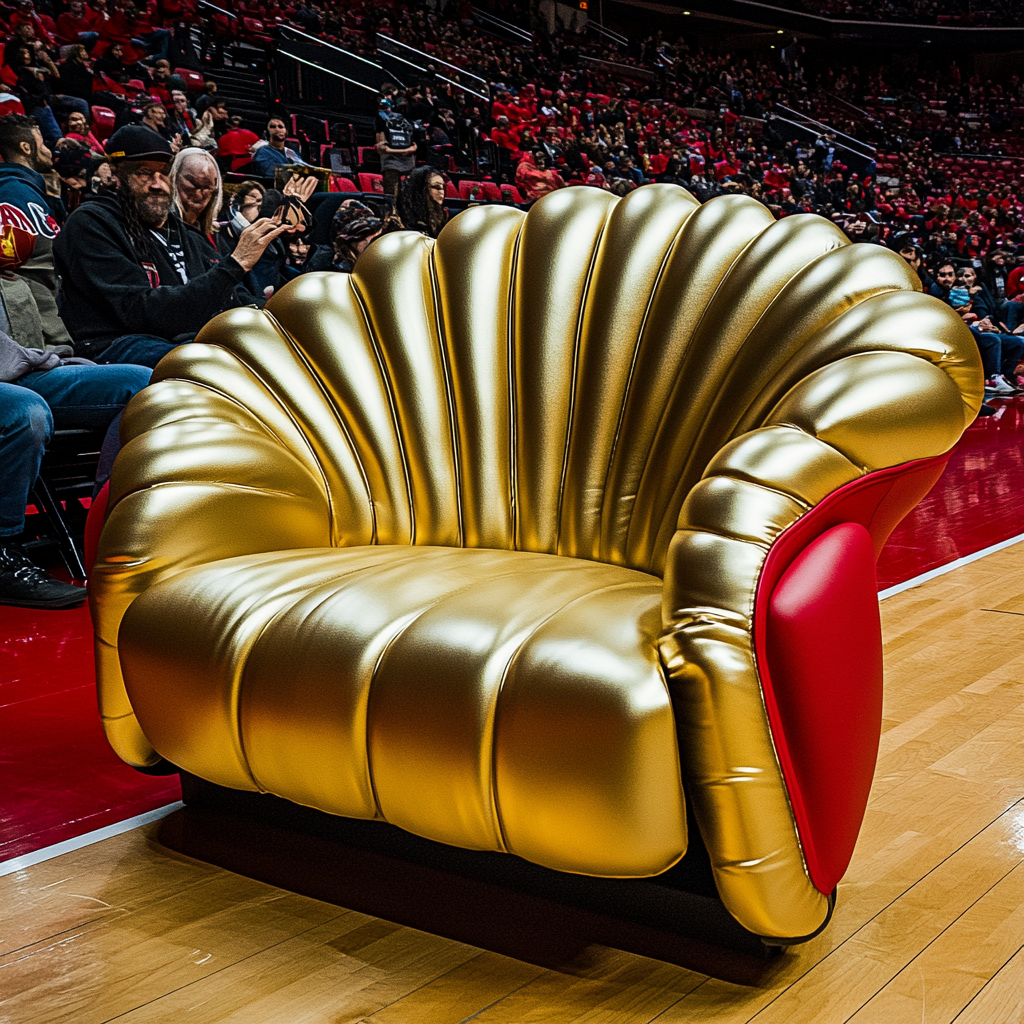 Golden couch seat at basketball game, fans cheering.