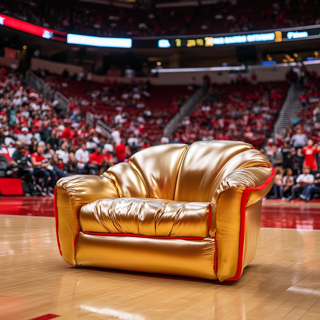 Golden couch seat in basketball court, fans cheering.